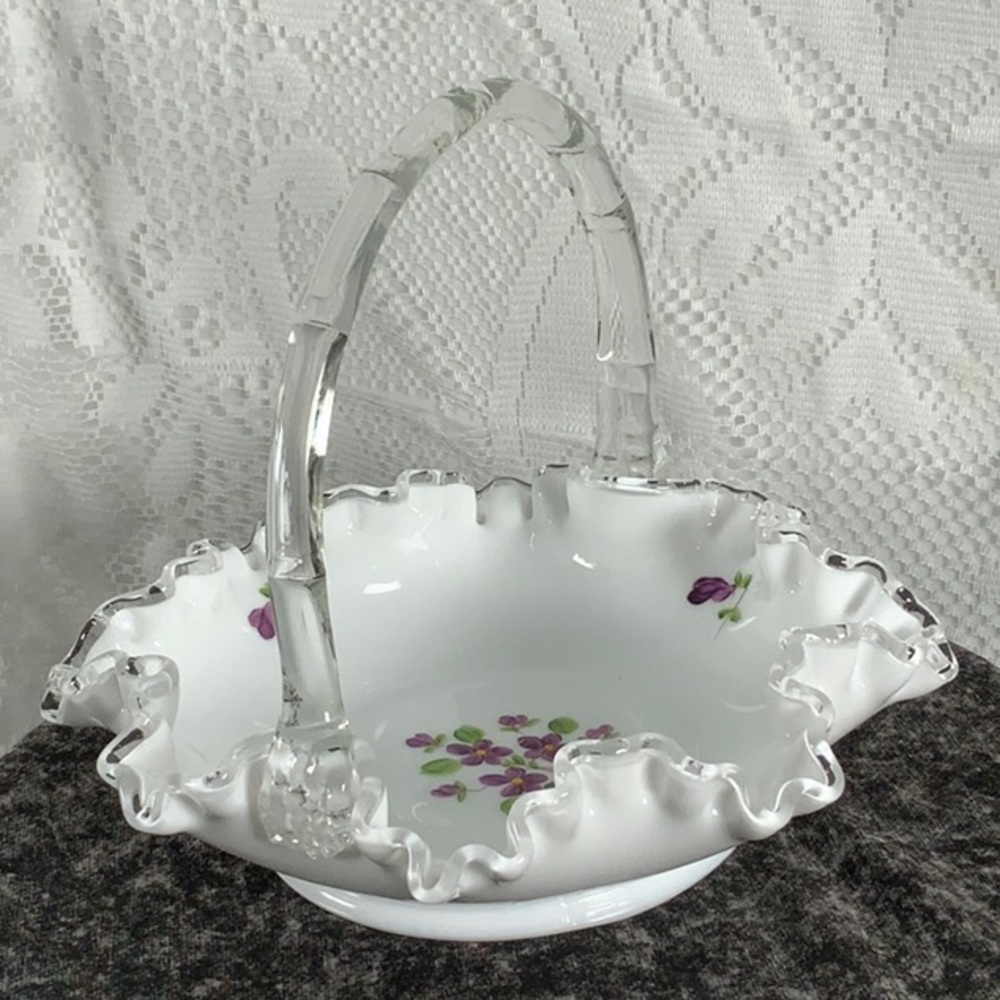 Vintage Fenton Glass Basket Violets in the Snow Silver Crest Handle